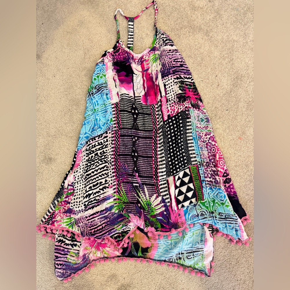 Bright Multicolor Printed Midi Dress with Pom Trim